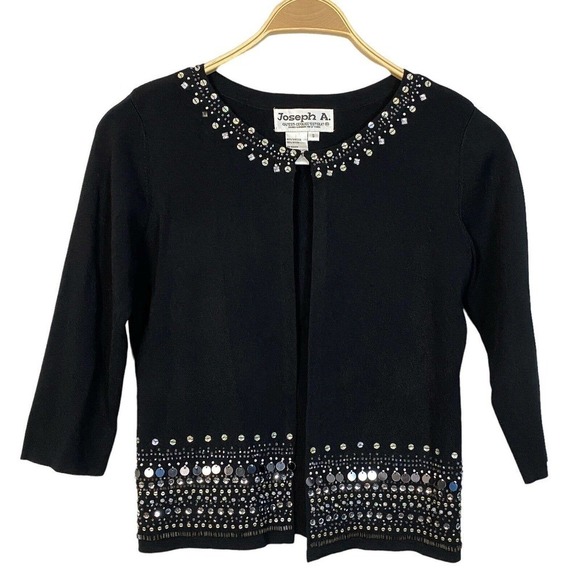 Joseph A. Womens sz SMALL Black Sweater Open Cardigan Beaded Sequin Embellished - Picture 1 of 4